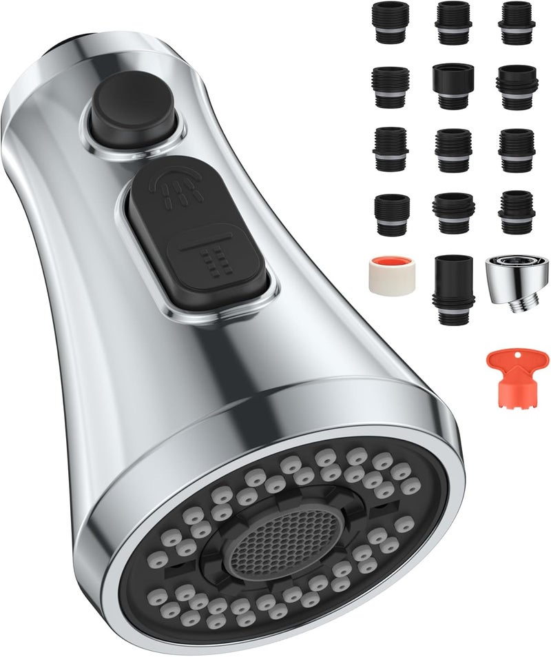 Mbillion Universal Polished Chrome Kitchen Faucet Head Replacement, 3 Function ABS Sink Faucet Head, Pull-Down Nozzle with 14 Adapters, Compatible with Moen,Delta,Kohler,WEWE American Standard - Image 1